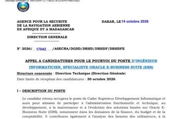 Asecna recrutement ingenieur specialiste oracle ebs 2026
