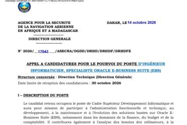 Asecna recrutement ingenieur specialiste oracle ebs 2026
