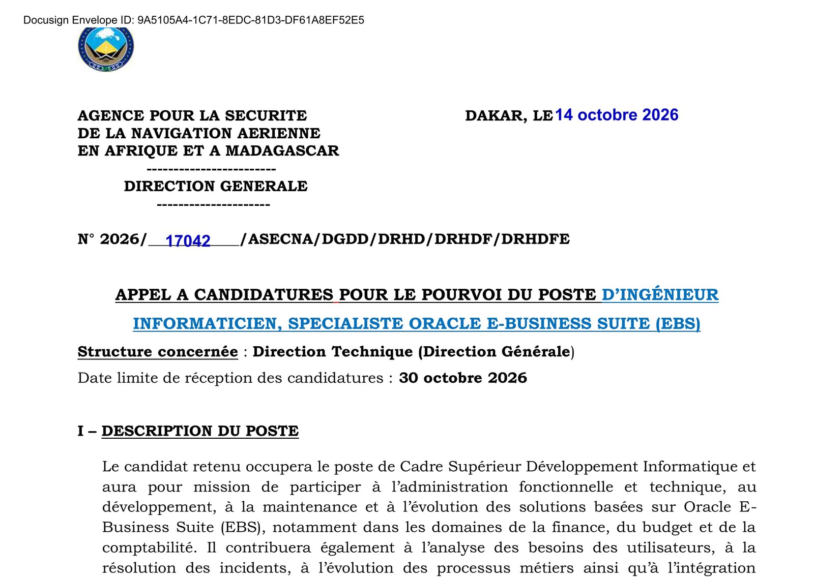 Asecna recrutement ingenieur specialiste oracle ebs 2026