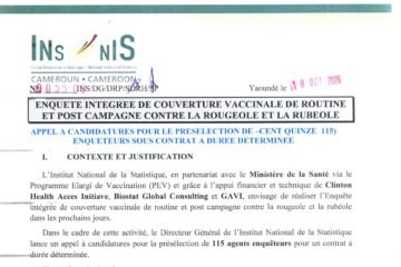 Ins cameroun recrutement 115 enqueteurs couverture vaccinale 2026