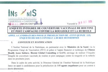 Ins cameroun recrutement 115 enqueteurs couverture vaccinale 2026