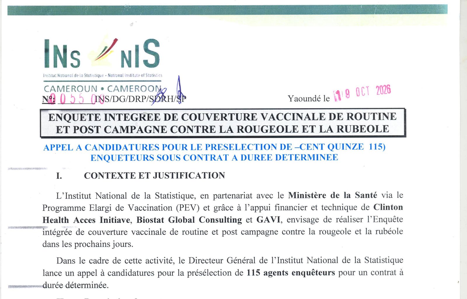 Ins cameroun recrutement 115 enqueteurs couverture vaccinale 2026